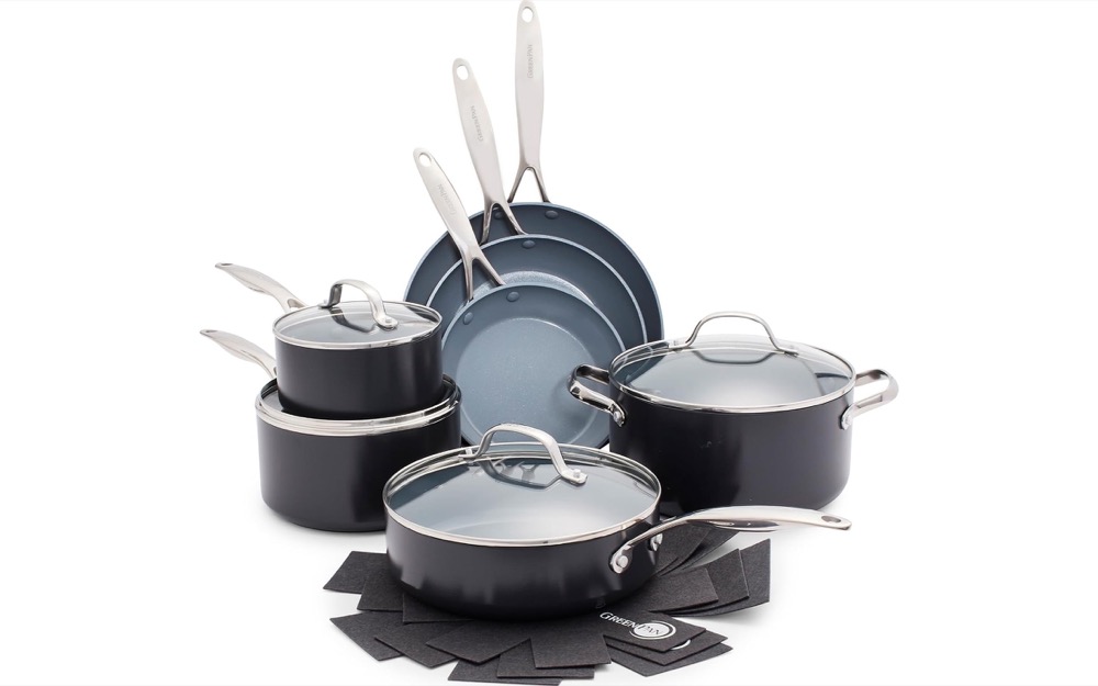 GreenPan Valencia Pro ceramic nonstick cookware set — gray pots and pans with Thermolon coating and stainless handles