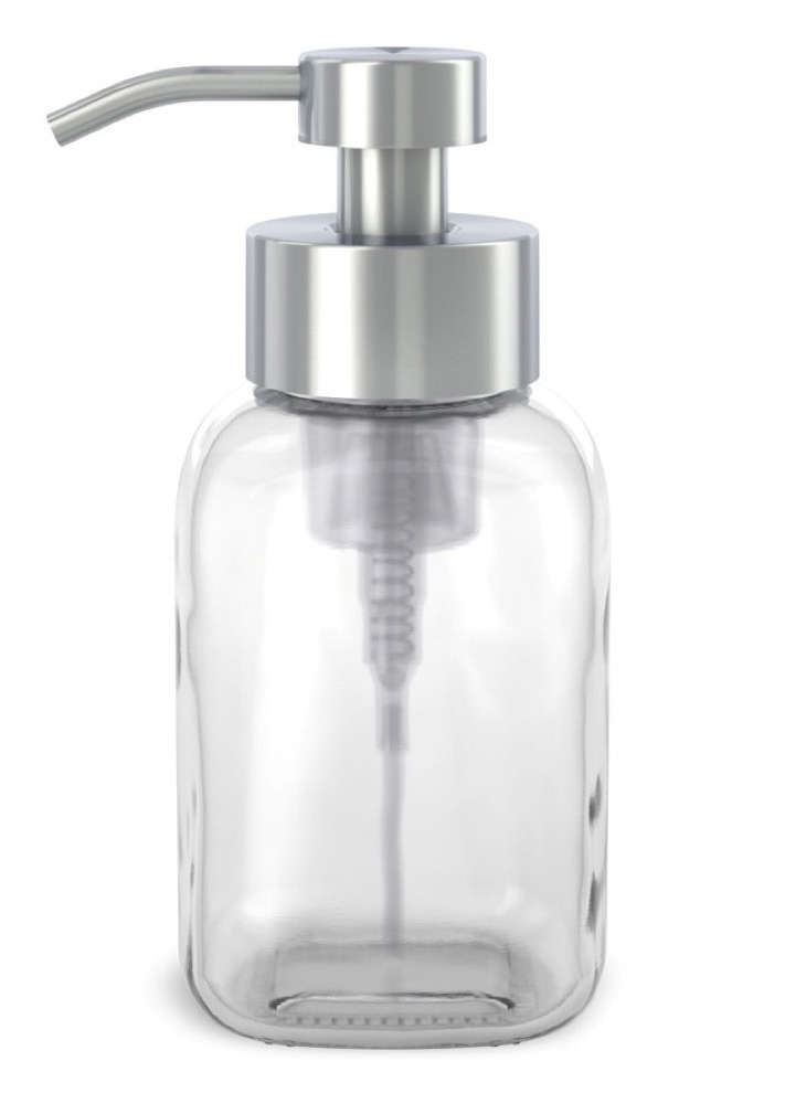Grove Co. clear lead-free glass foaming hand soap dispenser with a stainless steel pump on a white background