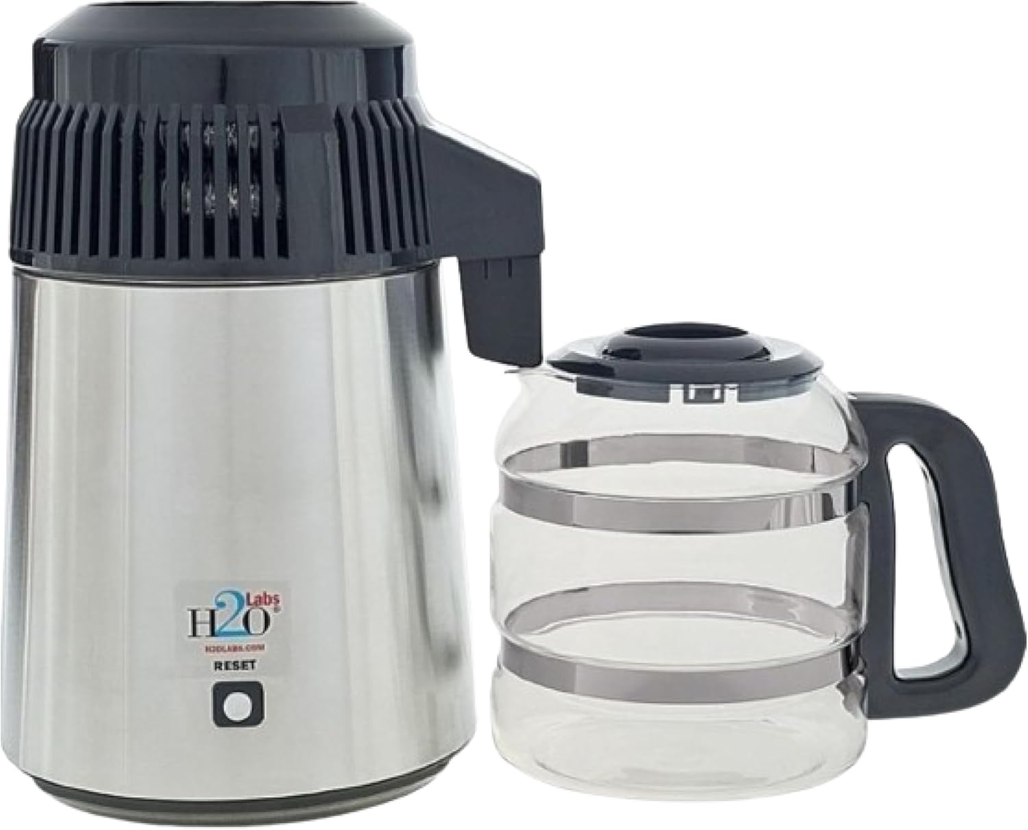 H2oLabs 300SS full stainless-steel countertop water distiller with 1-gallon glass carafe and porcelain nozzle insert