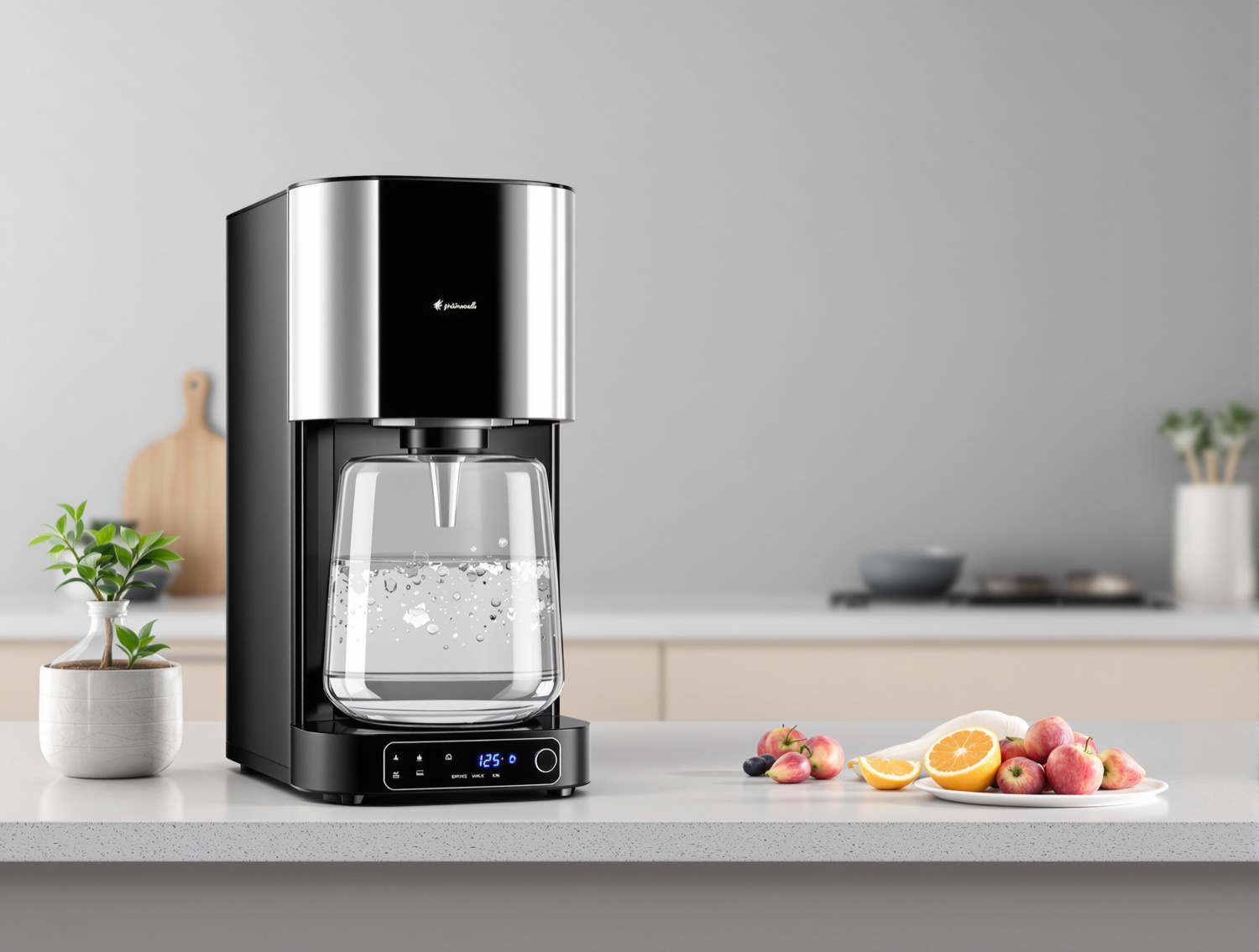 H2oLabs Model 200 countertop water distiller with stainless boiler, single button, and glass 1-gallon carafe
