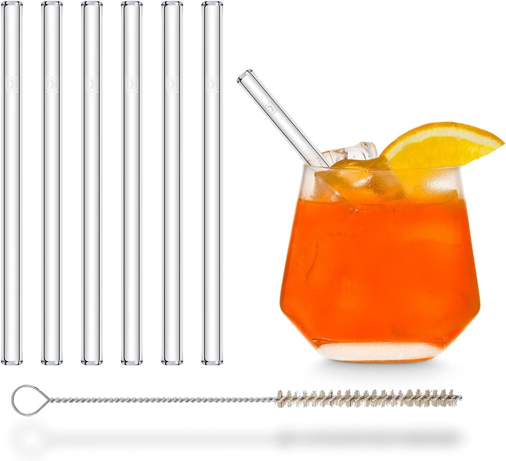 HALM clear borosilicate glass straws, six in a set with a cleaning brush, made in Germany