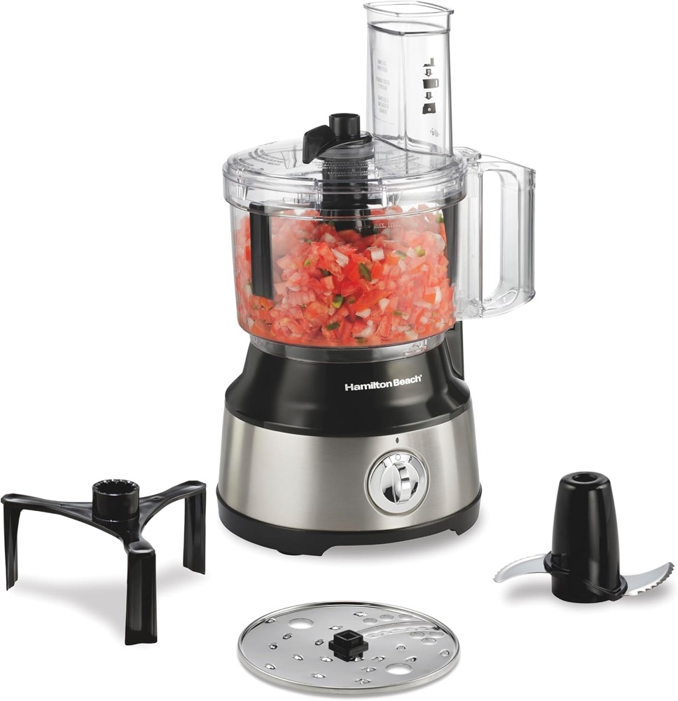 Hamilton Beach 70730 10-cup food processor with clear bowl of chopped salsa, stainless steel base, slicing and shredding disc and chopping blade