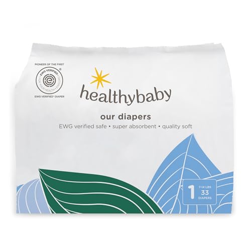HealthyBaby diapers size 1 package showing the EWG Verified seal and leaf artwork