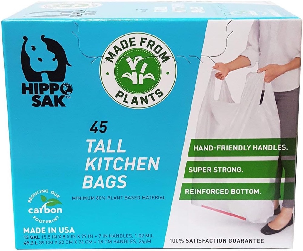 Hippo Sak Plant-Based Tall Kitchen Bags with handles, 13 gallon — sugarcane-derived polyethylene, made in USA