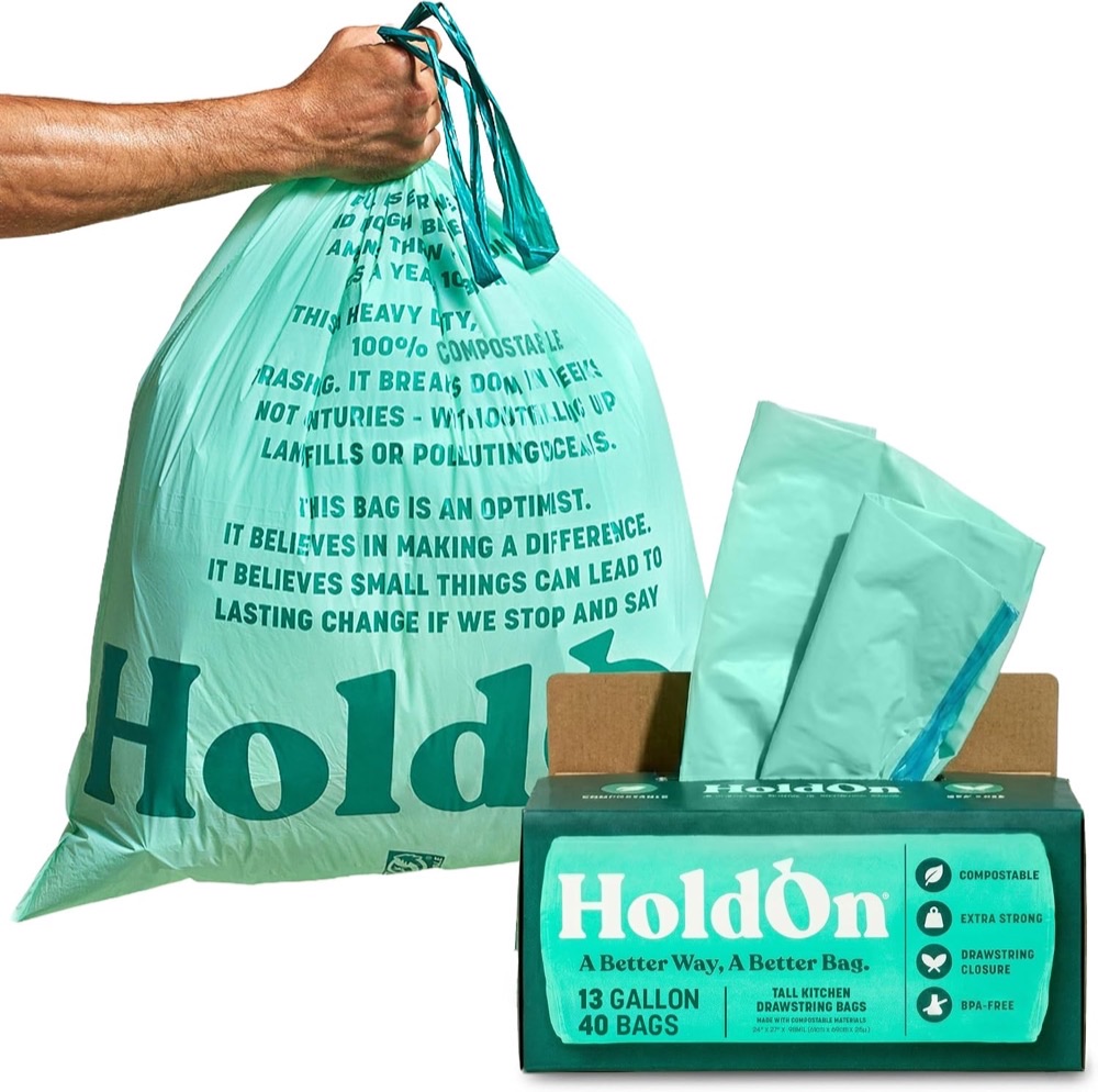 HoldOn Compostable Tall Kitchen Drawstring Bags, 13 gallon — TUV Austria OK Compost HOME certified, plant-based PBAT and PLA