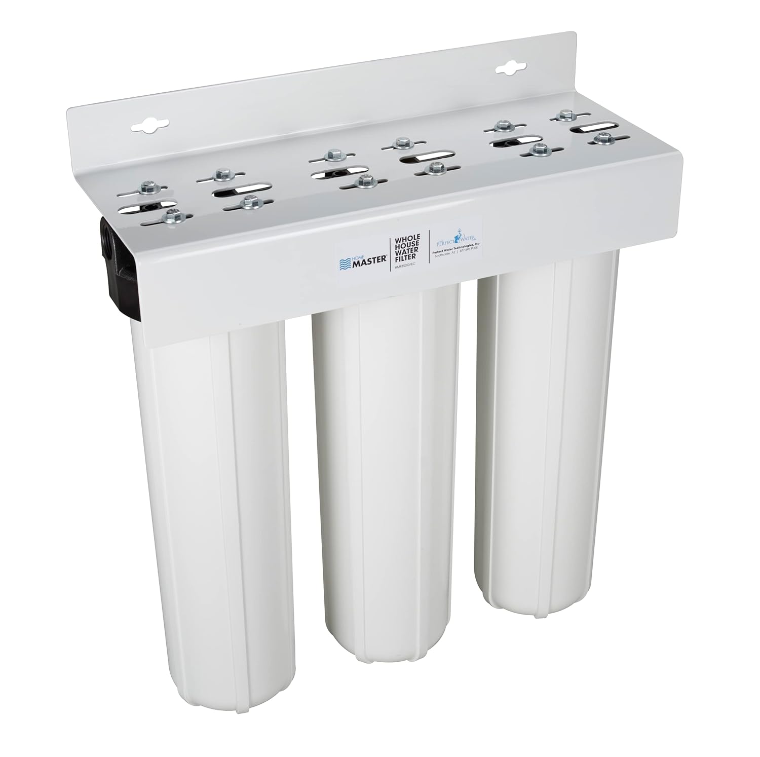 Home Master HMF3SDGFEC 3-stage whole house well water filter — three large blue cartridge housings for sediment, radial-flow iron, and GAC carbon