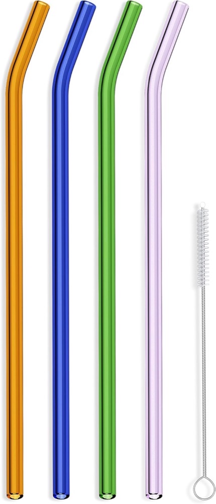 Hummingbird borosilicate glass straws — four colored bent reusable glass straws with a cleaning brush