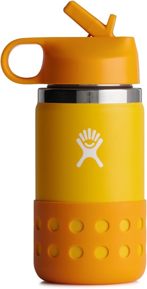 Hydro Flask Kids Wide Mouth 12oz insulated stainless steel water bottle with straw cap and protective boot