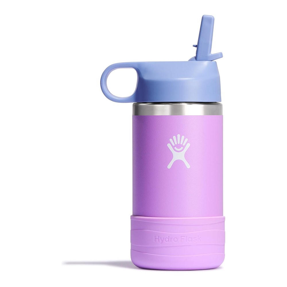 Hydro Flask Kids wide-mouth insulated stainless steel bottle in lilac with a periwinkle straw lid and protective boot
