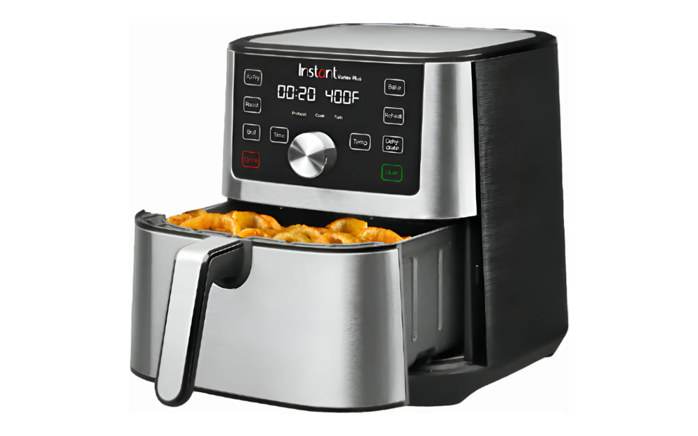 Instant Vortex Plus 6-in-1 air fryer — stainless steel tray, no Teflon coatings, ClearCook window