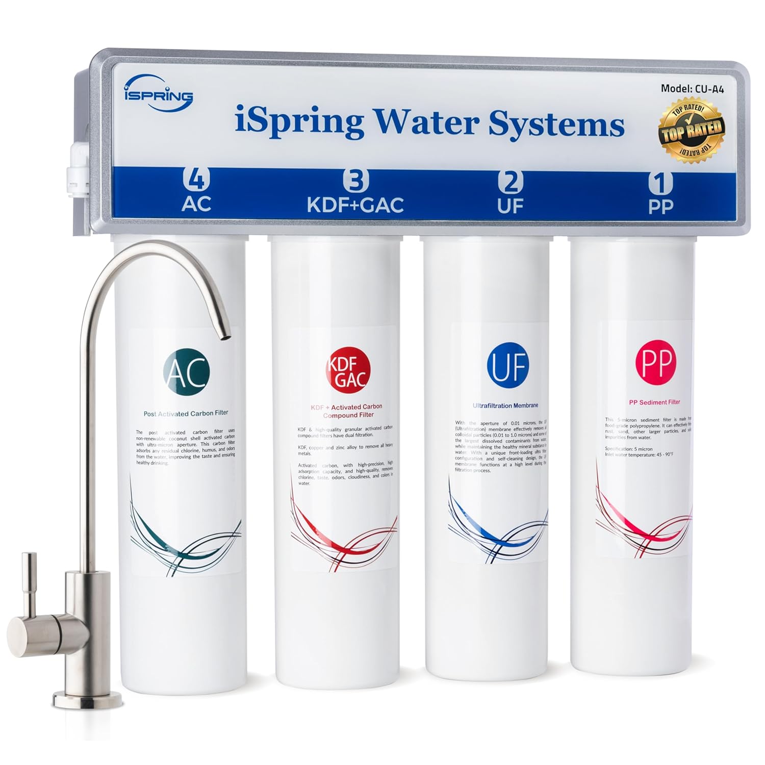 iSpring CU-A4 4-stage under-sink water filter with PP sediment, ultrafiltration, KDF+GAC, and activated-carbon stages and faucet