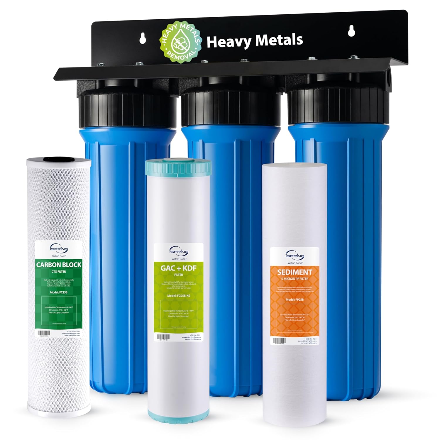iSpring WGB32B-KS 3-stage whole house water filter system — big-blue cartridge housings with sediment, carbon block, and KDF-55 filters, mounted on stainless steel bracket