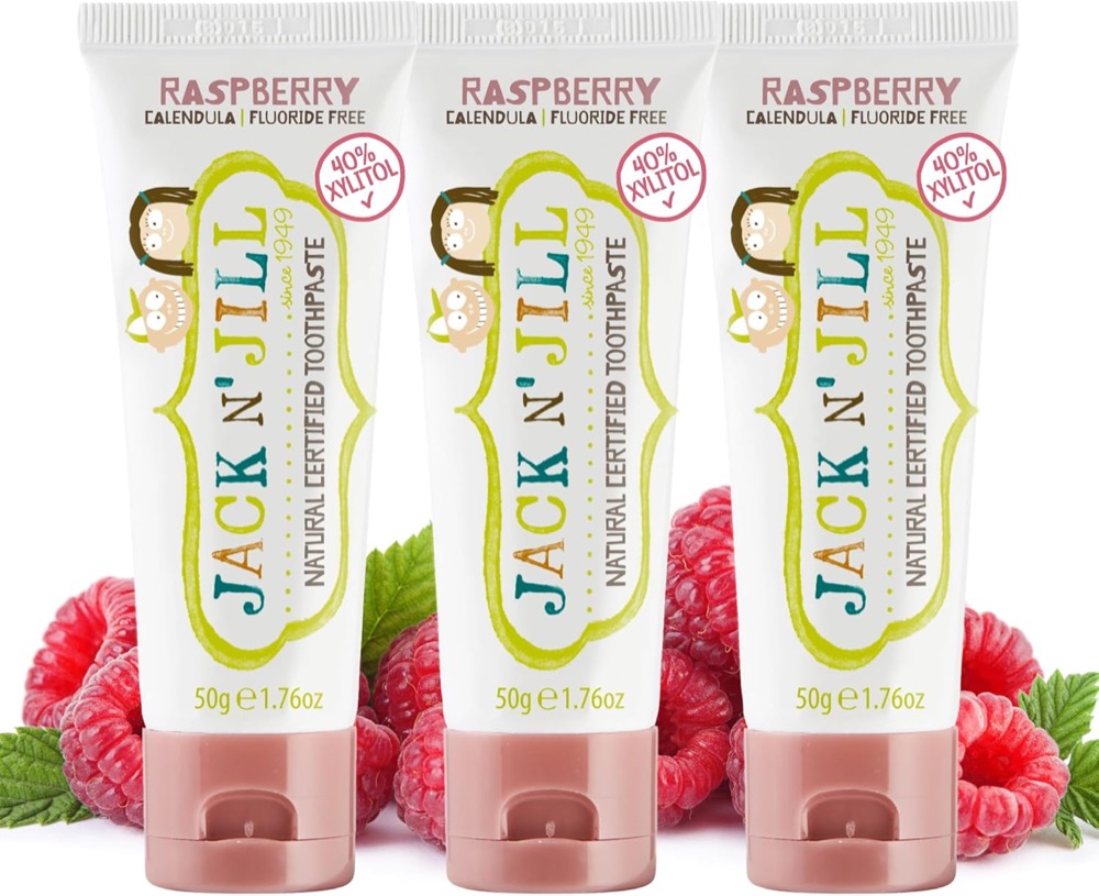 Jack N' Jill Natural kids toothpaste tubes — 40% xylitol, certified organic, fluoride-free, safe from first tooth