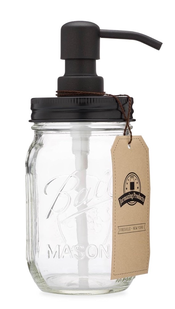 Jarmazing Ball mason jar soap dispenser with a matte black rust-proof stainless steel pump lid on a white background