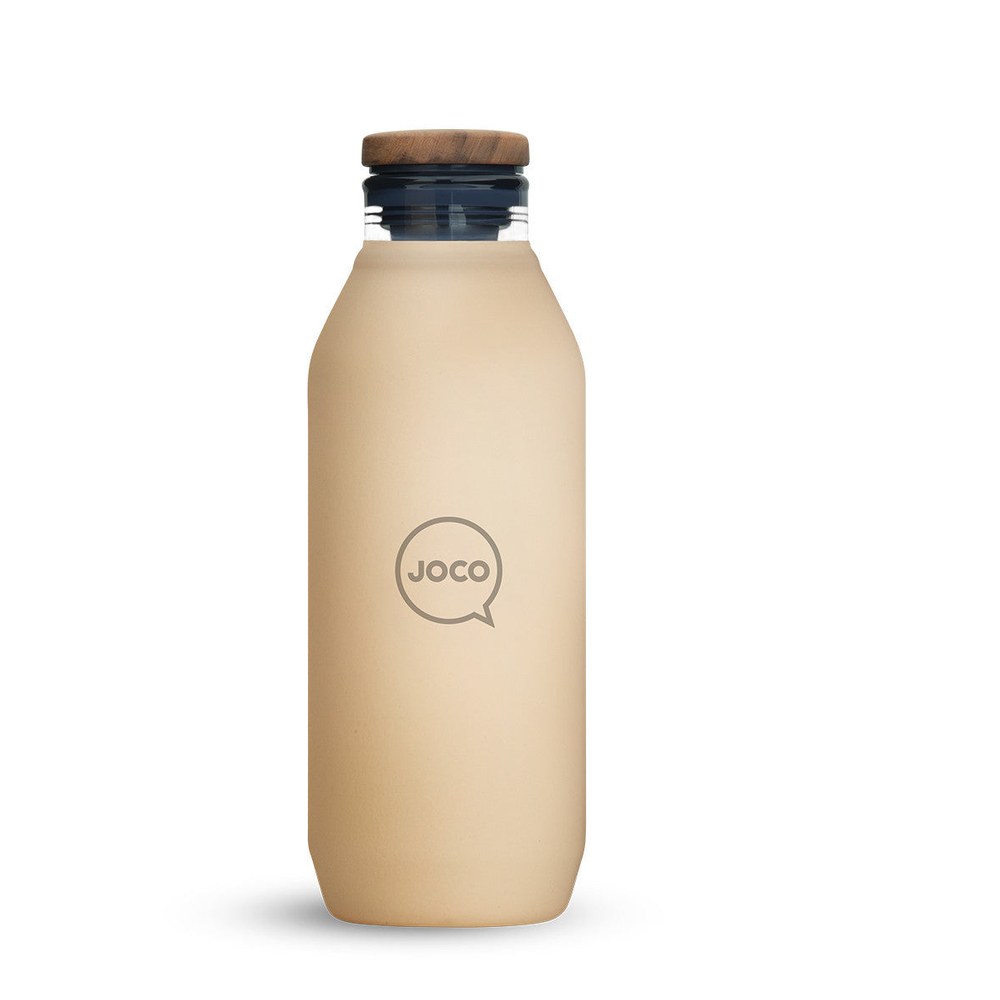 JOCO Glass Flask 20oz — borosilicate glass with velvet-grip silicone sleeve and olive wood lid, travel-ready