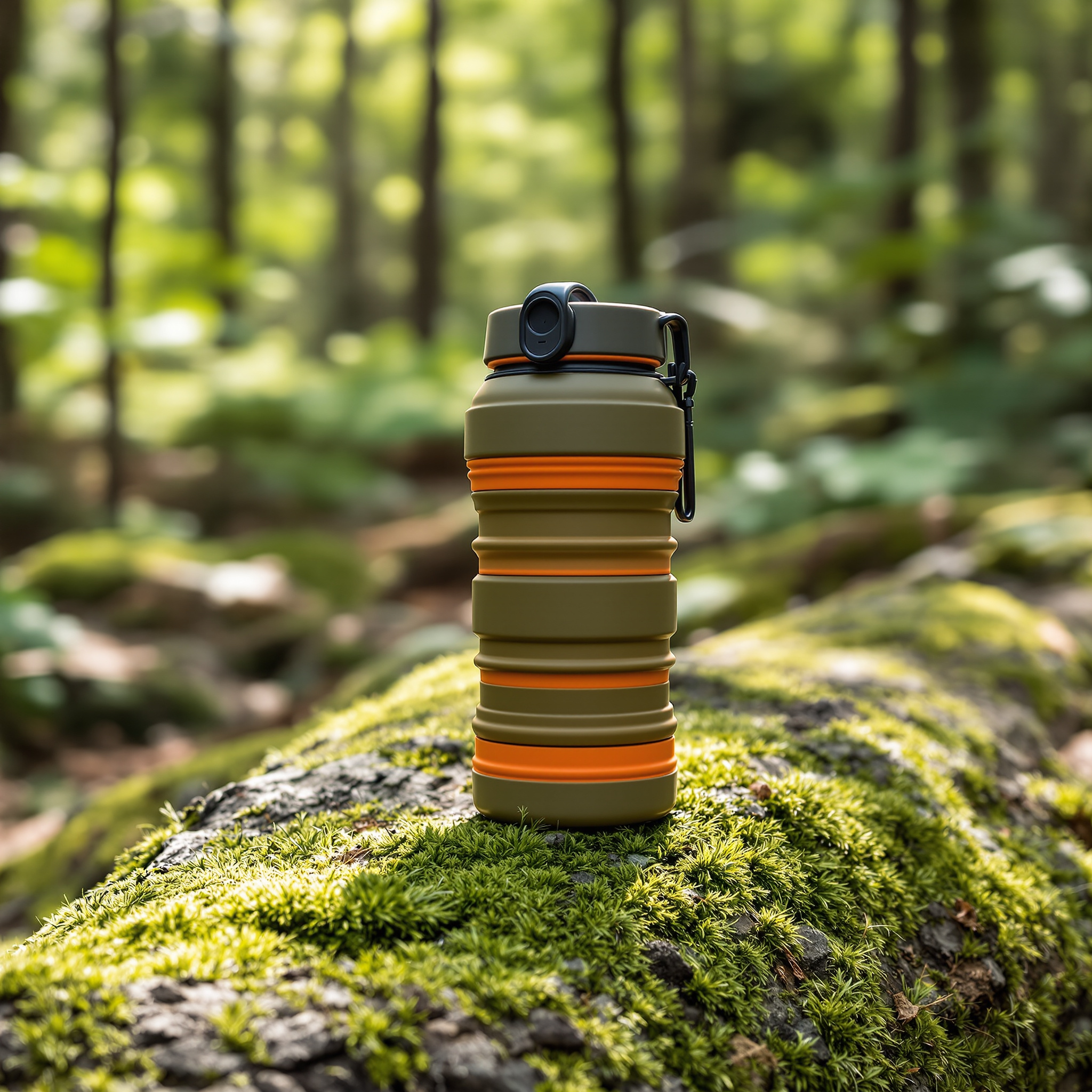 Katadyn BeFree AC 1 liter collapsible soft-flask water filter with hollow-fiber EZ-Clean membrane and activated-carbon module, olive-green and orange body resting on a mossy log in a sunlit forest