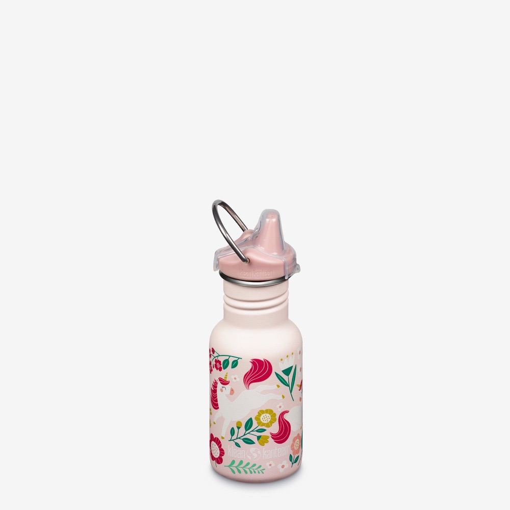 Klean Kanteen Kid Classic 12 oz stainless steel kids water bottle in pink with a unicorn print and a silicone sippy spout