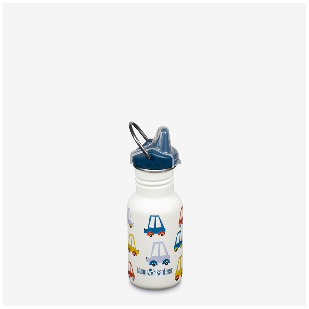 Klean Kanteen Kid Kanteen 12oz stainless steel sippy cup in white with a colorful car print and a silicone sippy spout