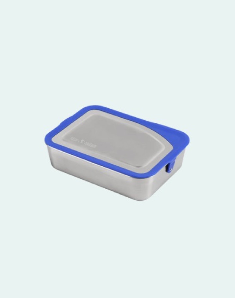Klean Kanteen Meal Box 34oz — single-wall stainless steel lunch container with a blue silicone-rimmed lid sealed shut