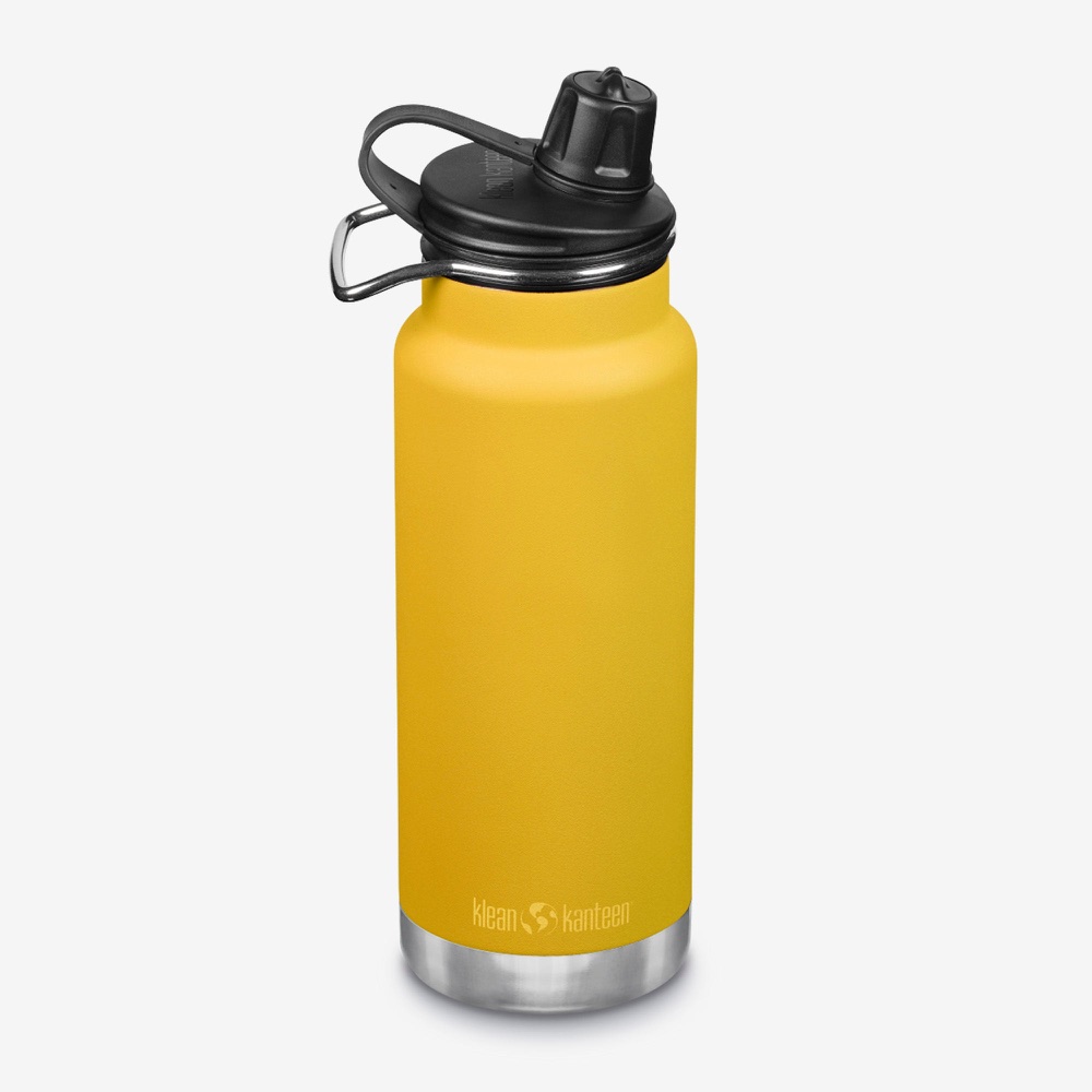 Klean Kanteen TKWide 32 oz insulated stainless steel water bottle in marigold yellow with a carry-loop cap