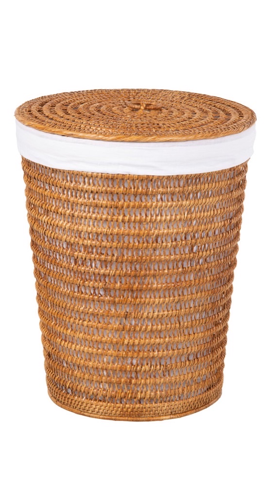 KOUBOO Cambria open-mesh rattan laundry hamper in honey-brown with white cotton liner and matching lid — airy ventilated weave, plastic-free