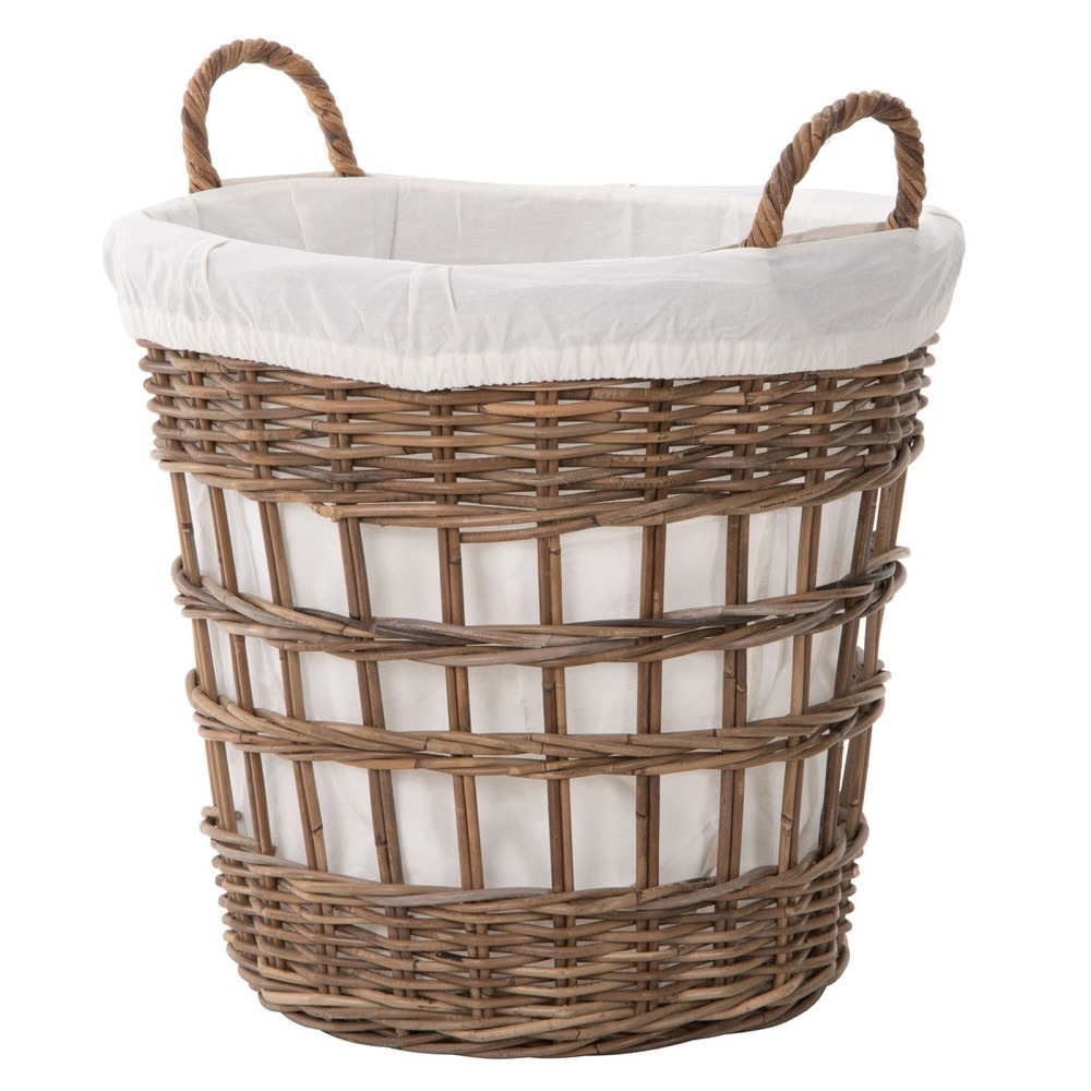 KOUBOO Kobo grey-wash rattan laundry basket — open-weave oval basket with twin braided handles and a full white cotton liner, no lid, plastic-free