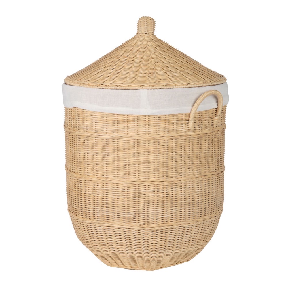 KOUBOO Noor round wicker laundry hamper in pale natural rattan with a tall conical pointed lid and white cotton liner — statement plastic-free hamper