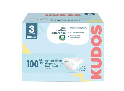 Kudos cotton-lined disposable baby diapers box, size 3, labeled 100% cotton-lined and totally chlorine free