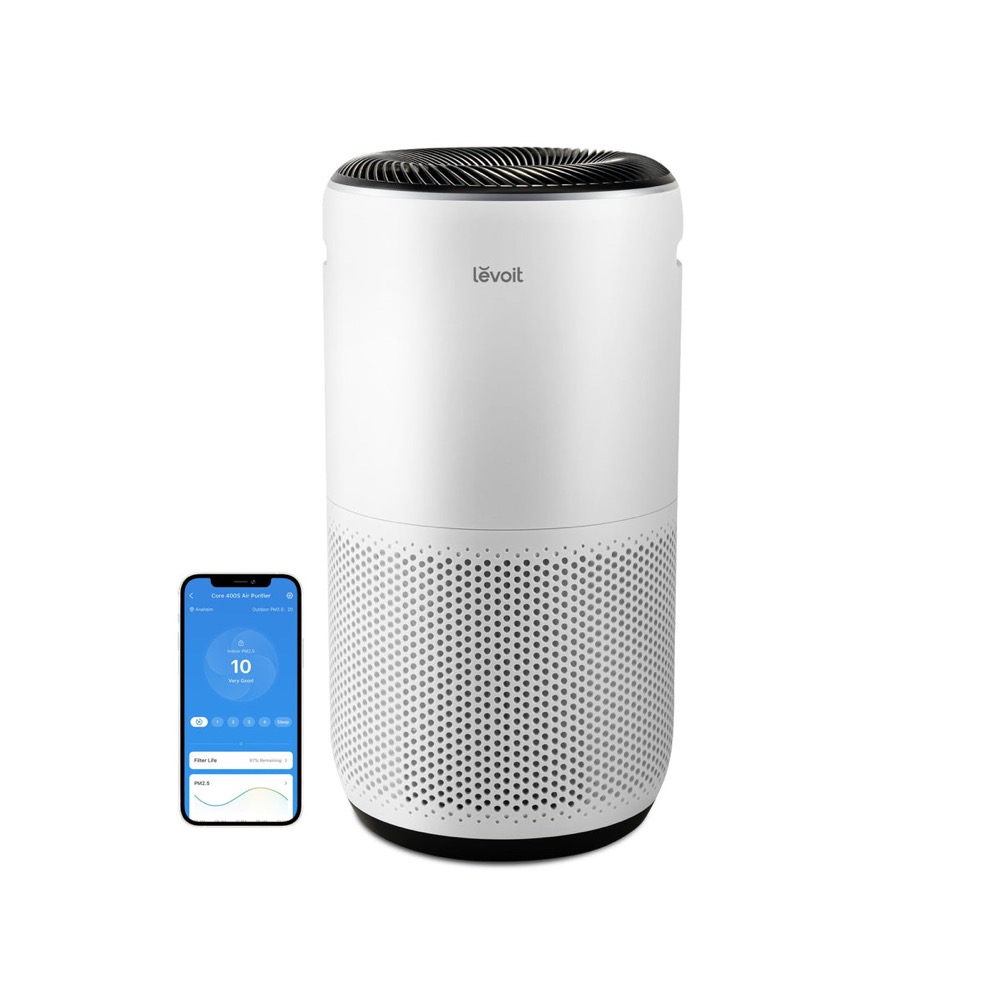 Levoit Core 400S smart air purifier — white tower with True HEPA H13 filter, laser particle sensor and VeSync app