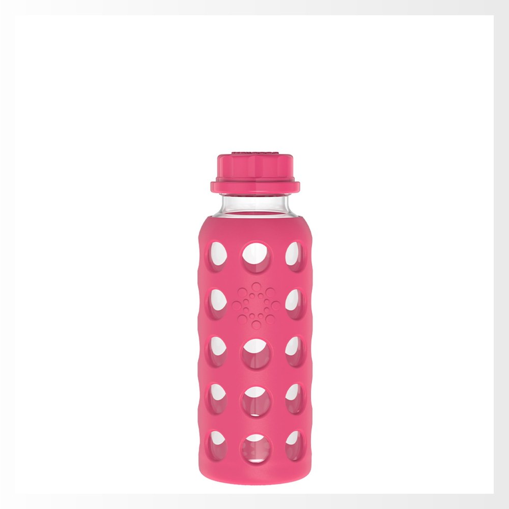 Lifefactory borosilicate glass sippy cup with a protective raspberry-pink silicone sleeve and screw cap