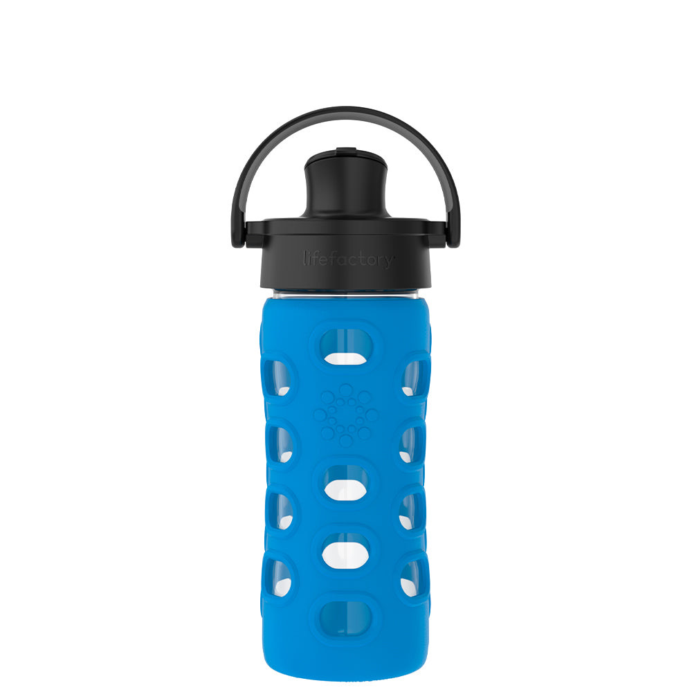 Lifefactory 12oz glass water bottle in cobalt blue protective silicone sleeve with active flip cap