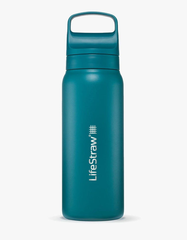 LifeStraw Go Series 2.0 stainless steel water filter bottle in teal, 24 oz, with integrated hollow-fiber membrane and activated-carbon filter capsule