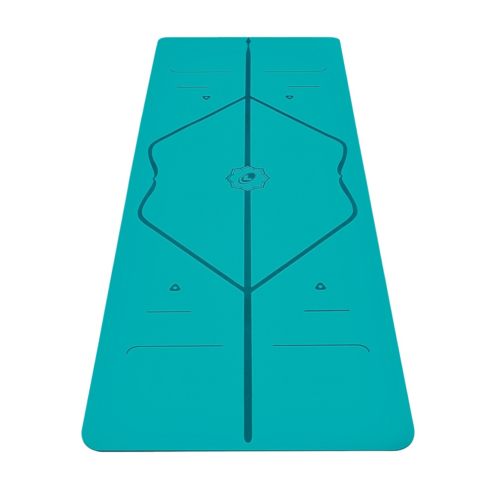Liforme Original yoga mat in teal showing the etched AlignForMe alignment guide markings — natural rubber base, PVC-free, OEKO-TEX certified