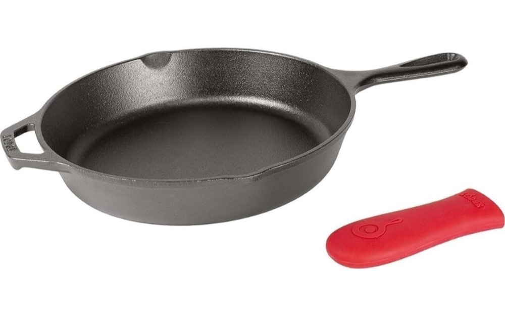 Lodge pre-seasoned cast iron skillet, 10.25 inch, with red silicone hot handle holder