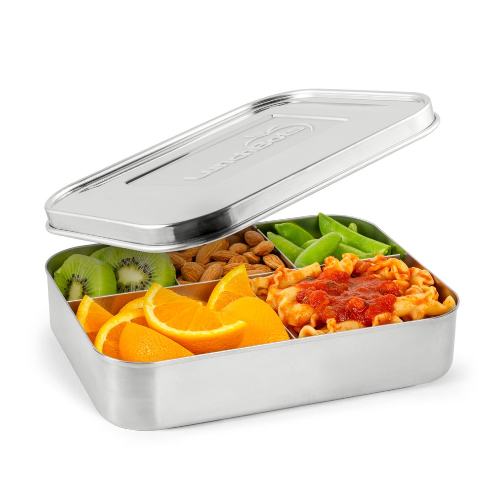 LunchBots Bento Cinco stainless steel lunch box — five compartments holding fruit, pasta and snacks, all-metal interior including the lid