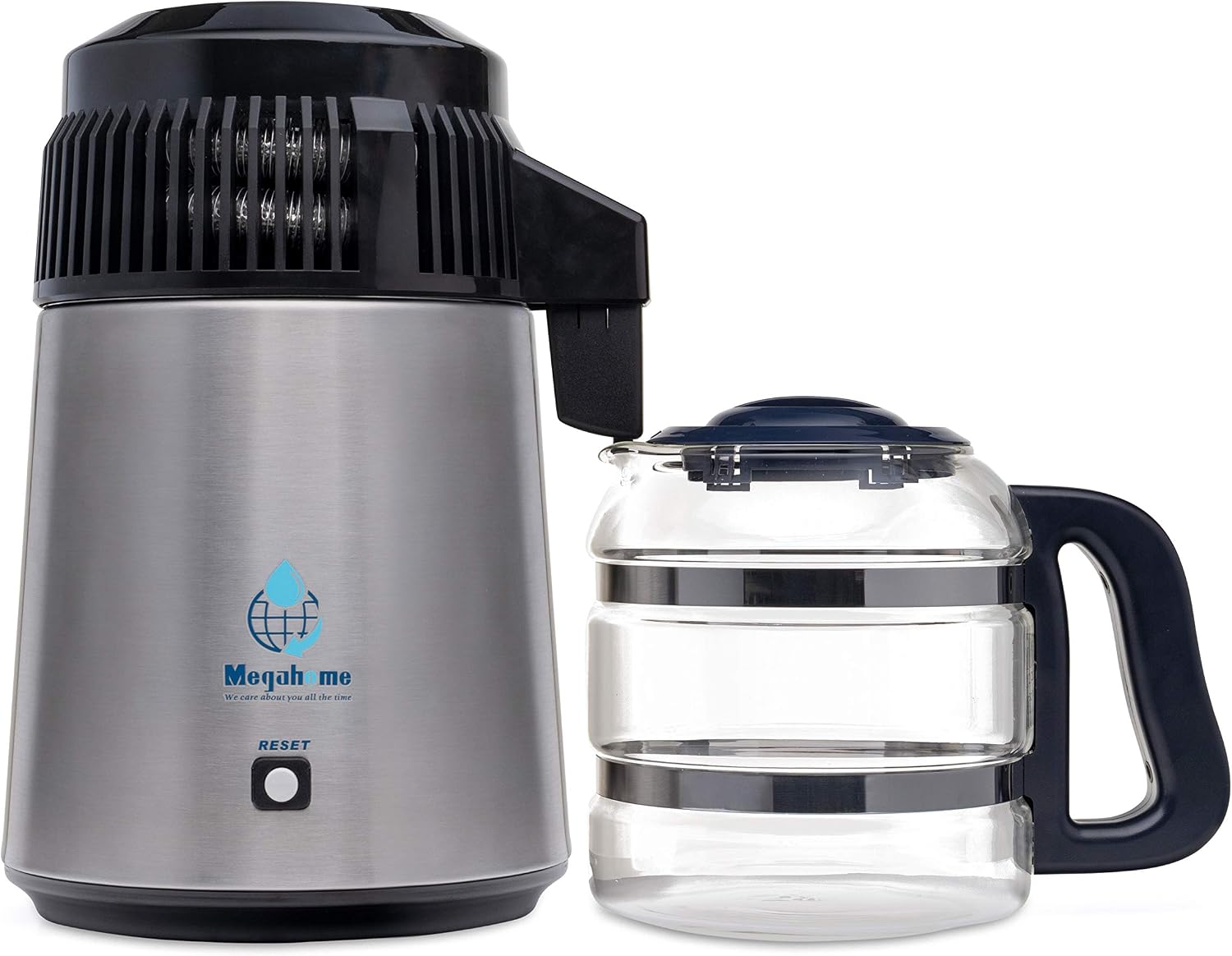 Megahome Countertop Water Distiller with stainless-steel boiling chamber and glass collection carafe