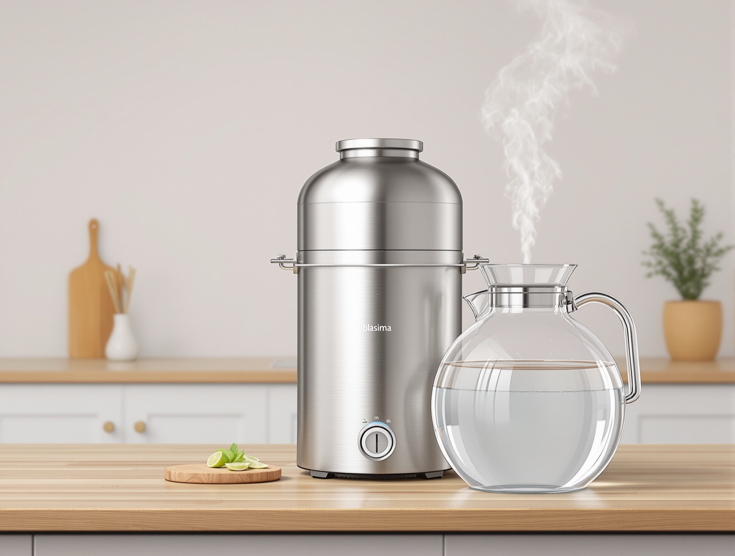 Megahome MH943SBS countertop water distiller with brushed stainless dome and glass collection carafe