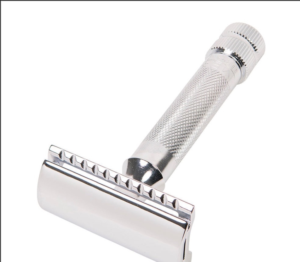 Merkur 34C Heavy Duty safety razor — German-made chrome double-edge razor with a fine-knurled brass handle
