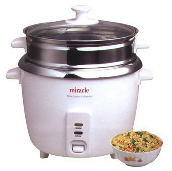 Miracle Exclusives ME81 rice cooker with a stainless steel steamer tray