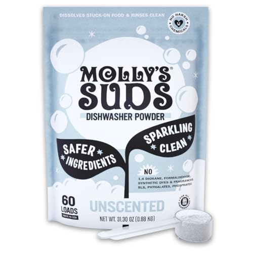 Molly's Suds unscented dishwasher powder in a 31.30 ounce stand up pouch with a white dosing scoop beside it