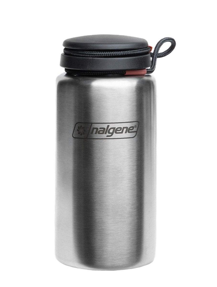 Nalgene 38 oz wide-mouth stainless steel water bottle in brushed steel with a black screw lid and carry loop