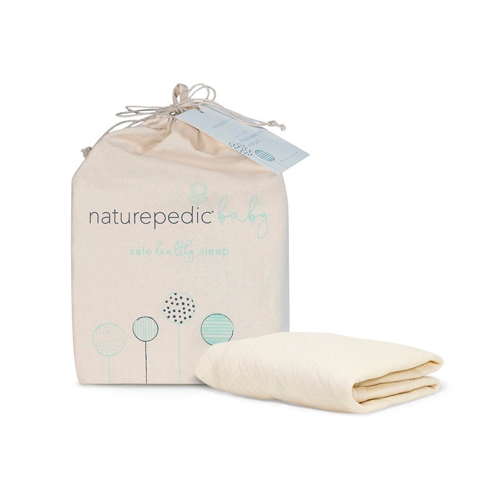 Naturepedic Organic Breathable Ultra Crib Mattress Cover with its organic cotton drawstring bag — a 3D airflow pad that doubles as a protector