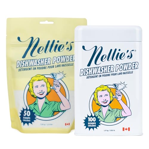 Nellie's dishwasher powder shown as a white 100 scoop steel tin beside a yellow 50 scoop refill pouch