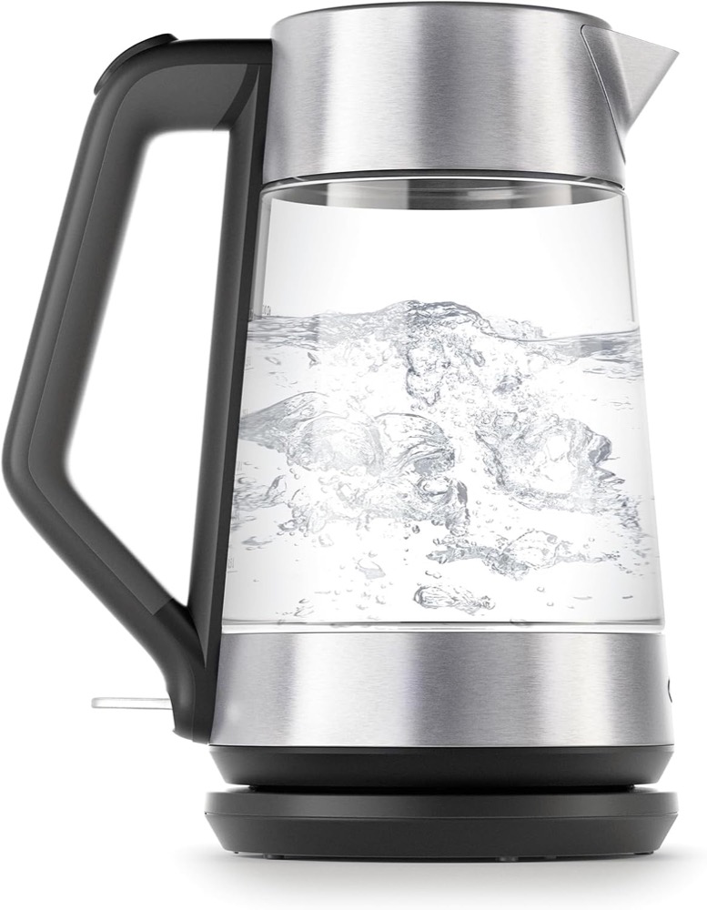 OXO Brew Cordless Glass Electric Kettle — borosilicate glass body with a brushed stainless steel lid and spout
