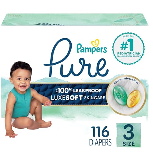 Pampers Pure Protection size 3 diaper box with a baby on the front and a vitamin-infused liner callout