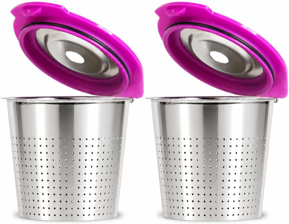Two Perfect Pod Café Flow reusable K-cups with perforated stainless steel baskets and open magenta lids