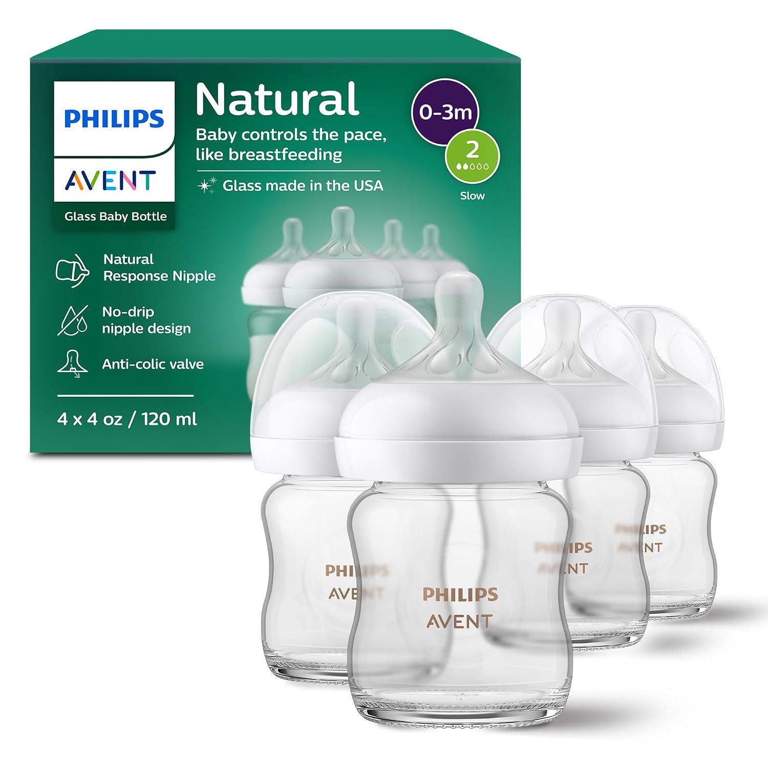 Philips Avent Natural glass baby bottles, 4 ounce four-pack with Natural Response nipples and anti-colic valve