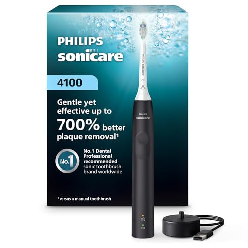 Philips Sonicare 4100 rechargeable electric toothbrush in black with its charging base and retail box