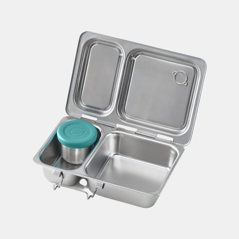 PlanetBox Shuttle stainless steel toddler lunch box — two compartments with a small teal-lidded dipper