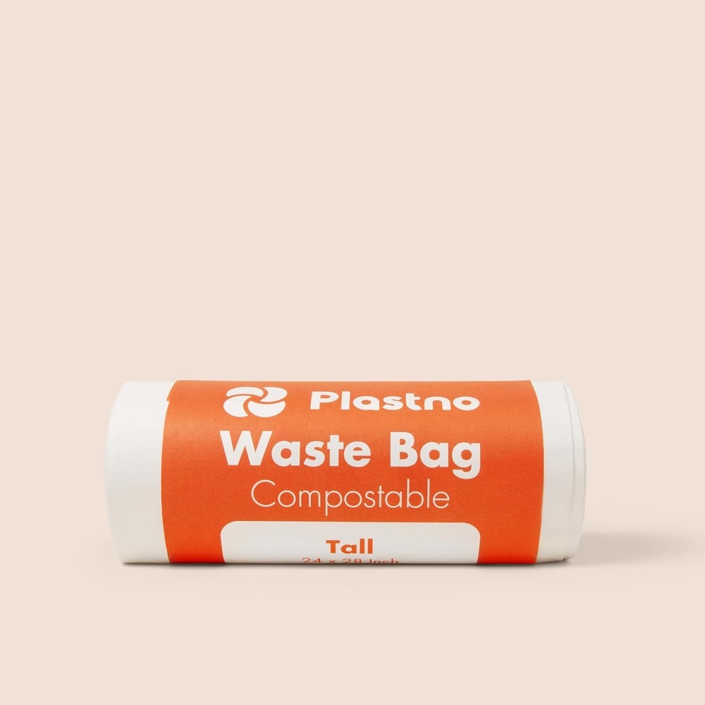Plastno Compostable Tall Waste Bags, 13 gallon — extra-thick BPI certified PBAT and starch blend on a roll